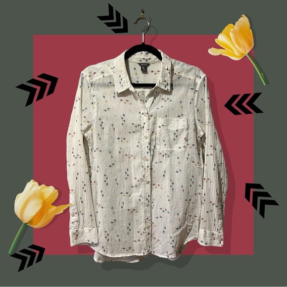 Eddie Bauer Tops - Eddie Bauer Womens Cream Shirt w/Navy/Burgundy/Yellow/Dark Green Wheat Print